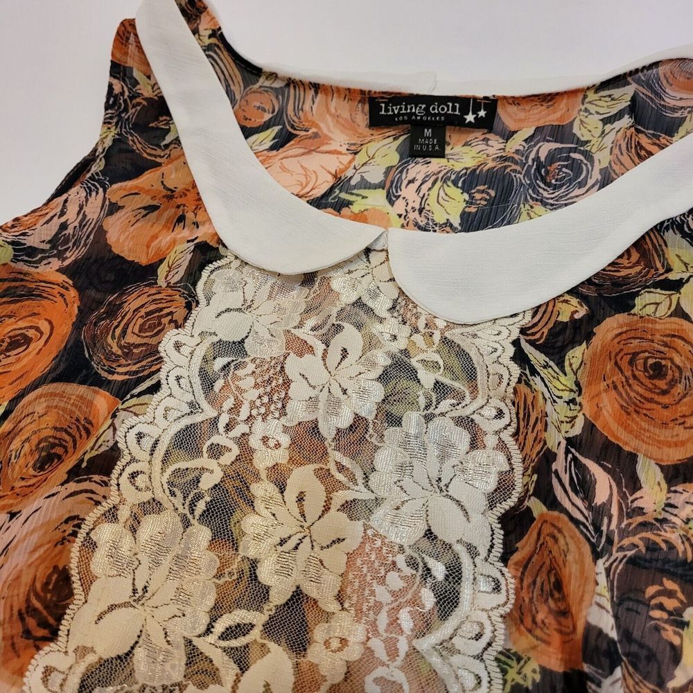 Living Doll Sleeveless Blouse Women Med Orange Floral Excellent Peter Pan Lace